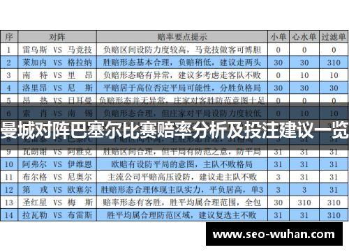 曼城对阵巴塞尔比赛赔率分析及投注建议一览